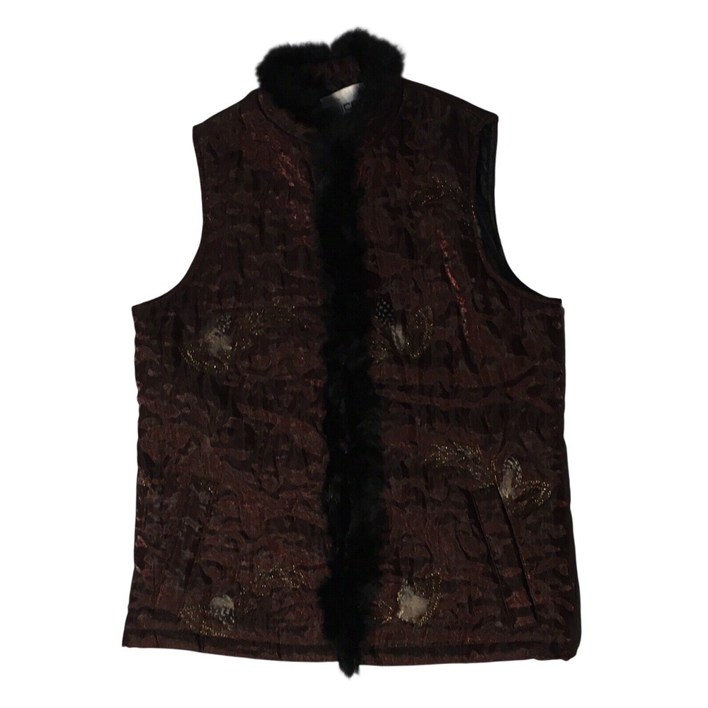 Chico's Womens Bronze Full Zip Quilted Puffer Vest‎ Faux Fur Collar Preowned